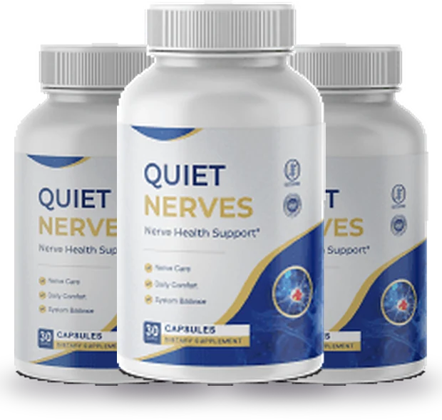 Three bottles of Quiet Nerves nerve health support capsules